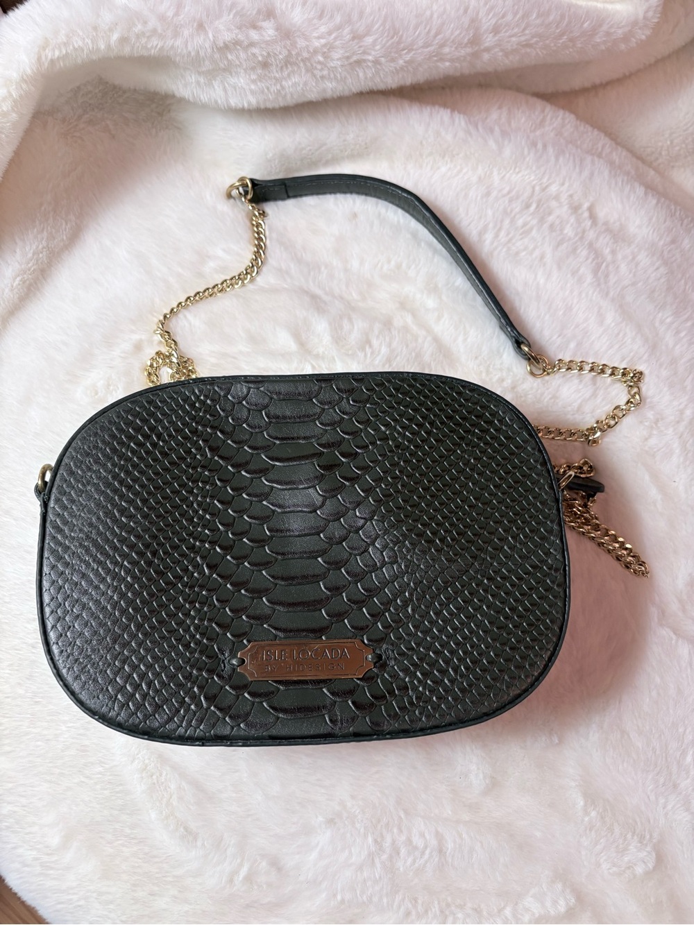 Green Faux-Snake Crossbody Bag with Gold Chain Strap by
